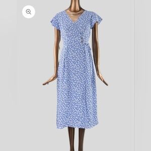 Sienna Sky Blue & White Floral Midi Dress w/ Cap Sleeves Size Large Womens